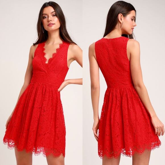 Lulus Red Lace Sleeveless Skater Dress In This Moment VNeck NWT Size Medium - Picture 1 of 7